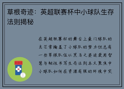 草根奇迹：英超联赛杯中小球队生存法则揭秘
