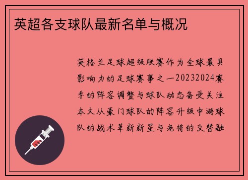 英超各支球队最新名单与概况