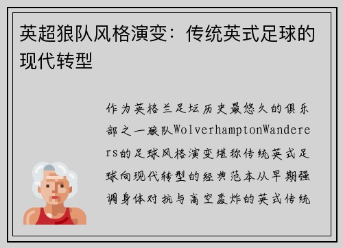 英超狼队风格演变：传统英式足球的现代转型